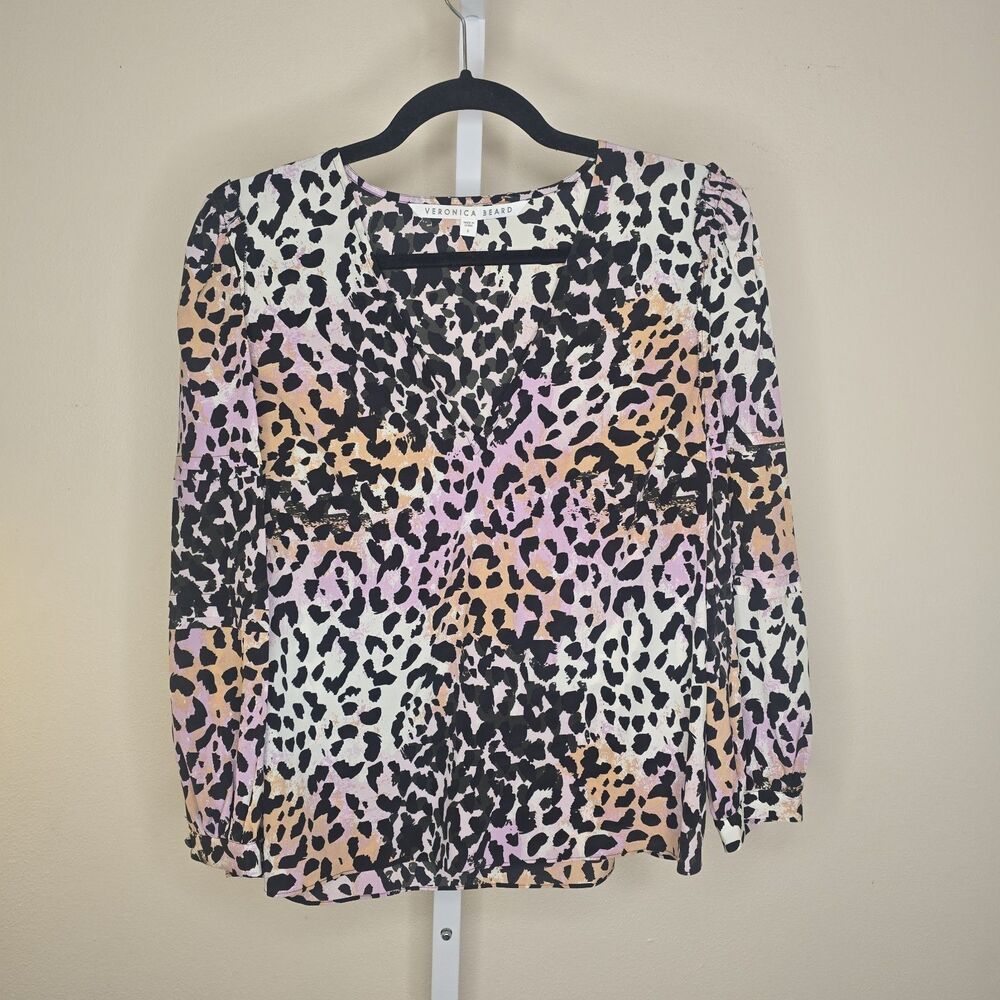 Veronica Beard Leti Leopard-Print Silk-blend Crepe De Chine Top Size 8